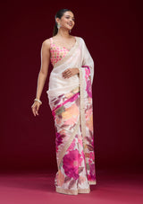 Women's Cream Cutdana Chiffon Saree