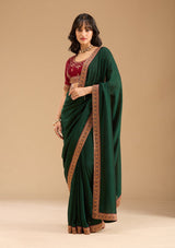 Women's Bottle Green Gold Zariwork Soft Raw Silk Saree