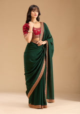 Women's Bottle Green Gold Zariwork Soft Raw Silk Saree