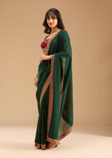 Women's Bottle Green Gold Zariwork Soft Raw Silk Saree