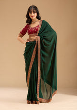 Women's Bottle Green Gold Zariwork Soft Raw Silk Saree