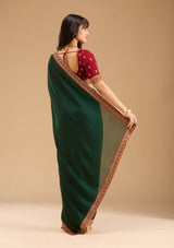 Women's Bottle Green Gold Zariwork Soft Raw Silk Saree