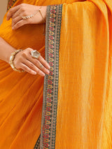 Women's Mustard Gold Zariwork Soft Raw Silk Saree