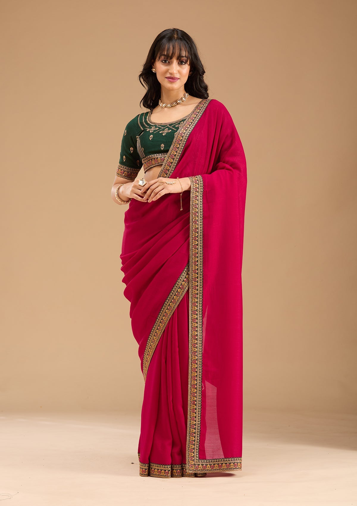 Women's Rani Pink Gold Zariwork Soft Raw Silk Saree