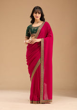 Women's Rani Pink Gold Zariwork Soft Raw Silk Saree