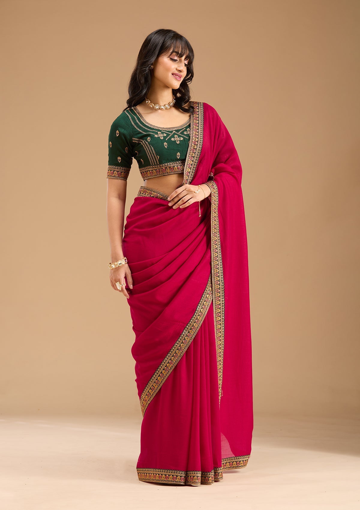 Women's Rani Pink Gold Zariwork Soft Raw Silk Saree
