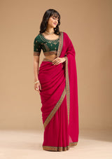 Women's Rani Pink Gold Zariwork Soft Raw Silk Saree