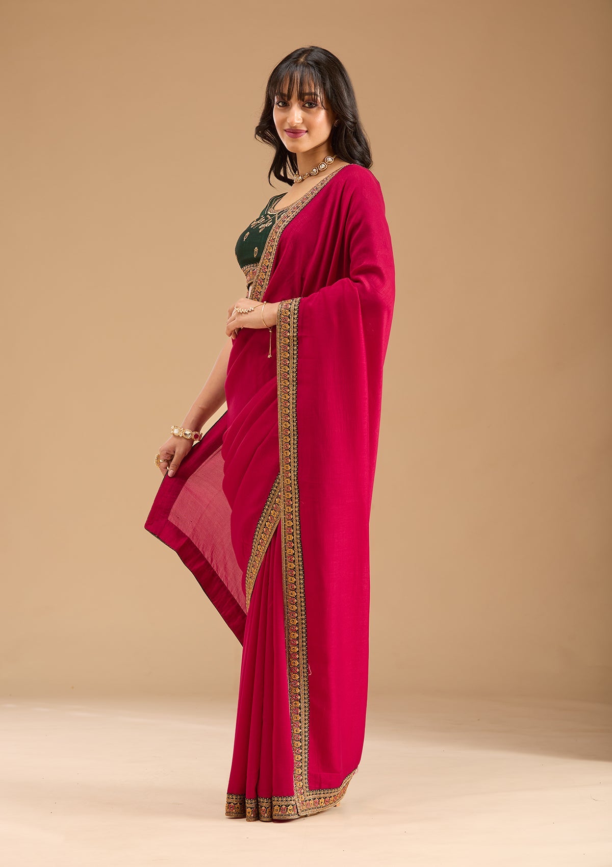 Women's Rani Pink Gold Zariwork Soft Raw Silk Saree