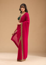 Women's Rani Pink Gold Zariwork Soft Raw Silk Saree