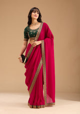Women's Rani Pink Gold Zariwork Soft Raw Silk Saree