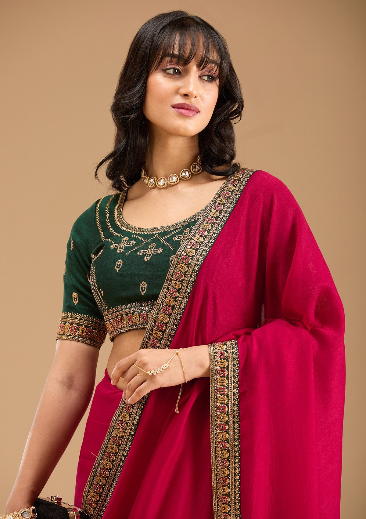 Women's Rani Pink Gold Zariwork Soft Raw Silk Saree