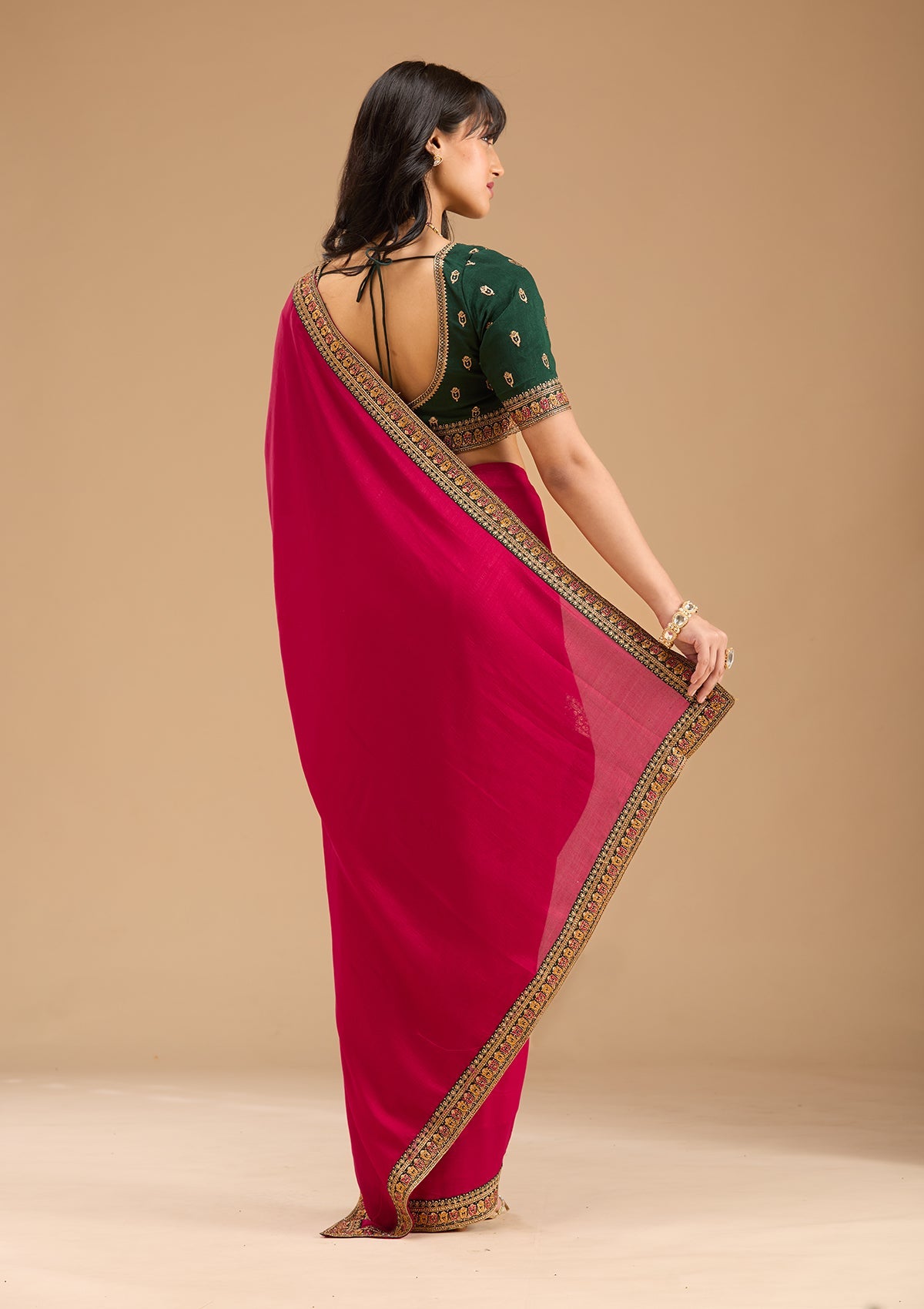 Women's Rani Pink Gold Zariwork Soft Raw Silk Saree