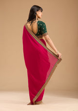 Women's Rani Pink Gold Zariwork Soft Raw Silk Saree