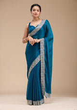 Women's Peacock Blue Zariwork Silk Saree