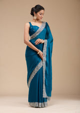 Women's Peacock Blue Zariwork Silk Saree