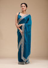 Women's Peacock Blue Zariwork Silk Saree
