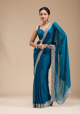 Women's Peacock Blue Zariwork Silk Saree