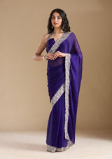 Women's Violet  Zariwork (Silver) Chiffon Saree