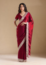 Women's Wine Zariwork (Silver) Chiffon Saree