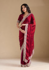 Women's Wine Zariwork (Silver) Chiffon Saree