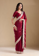 Women's Wine Zariwork (Silver) Chiffon Saree