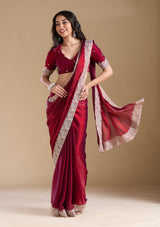 Women's Wine Zariwork (Silver) Chiffon Saree