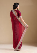 Women's Wine Zariwork (Silver) Chiffon Saree