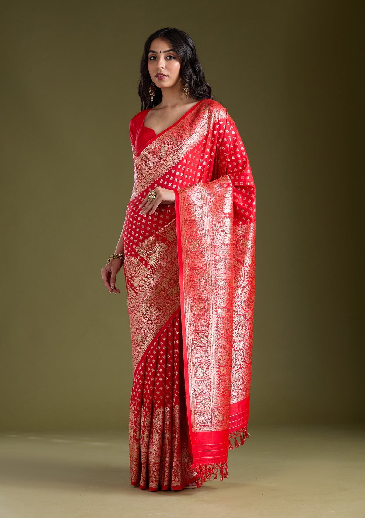 Women's Red Stonework Banarasi Silk Saree