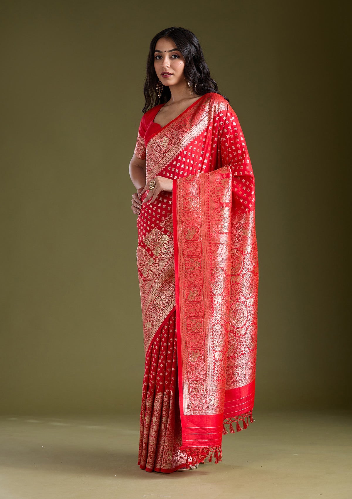 Women's Red Stonework Banarasi Silk Saree