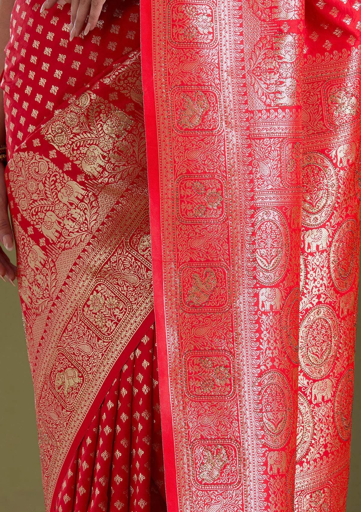 Women's Red Stonework Banarasi Silk Saree