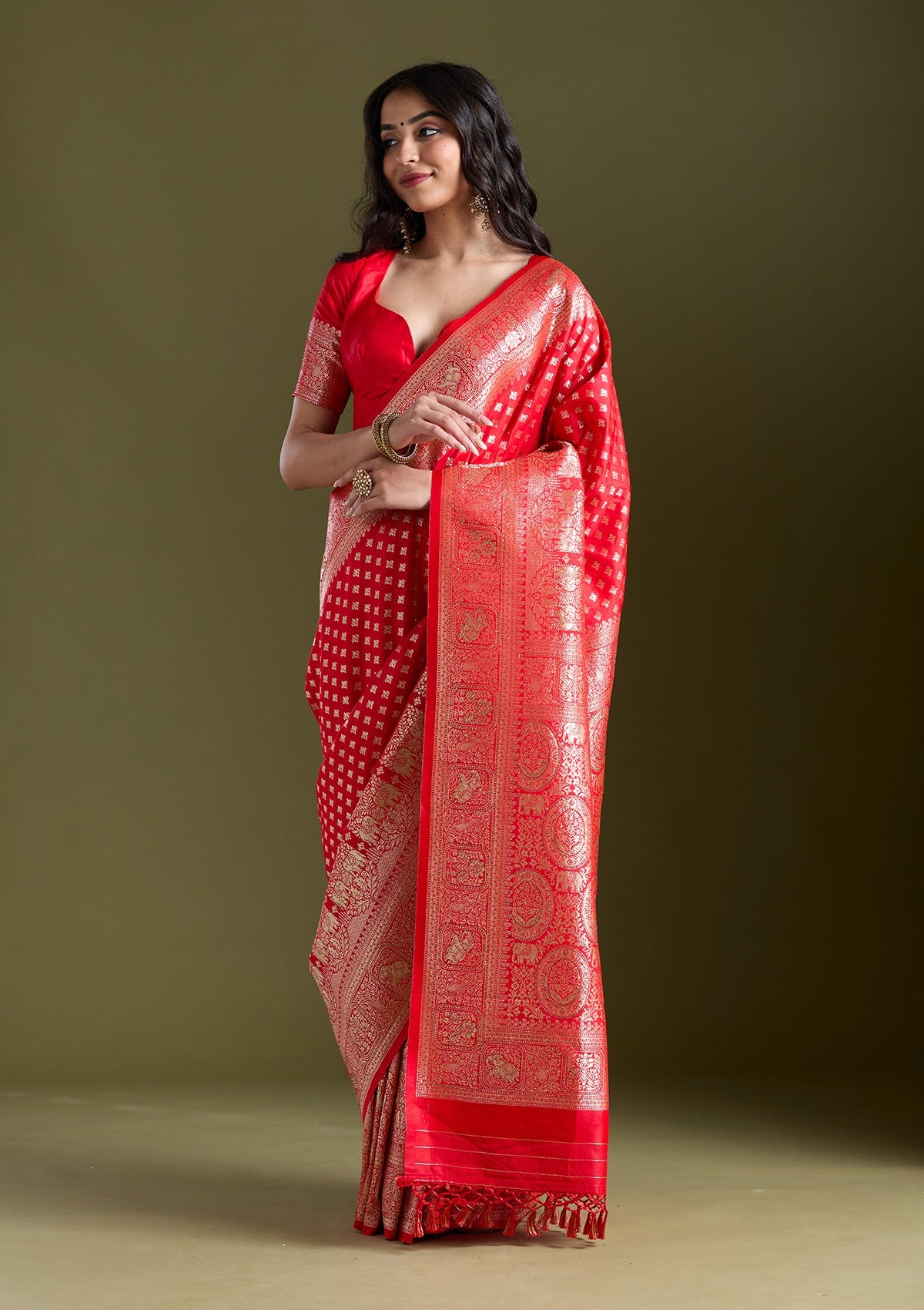 Women's Red Stonework Banarasi Silk Saree