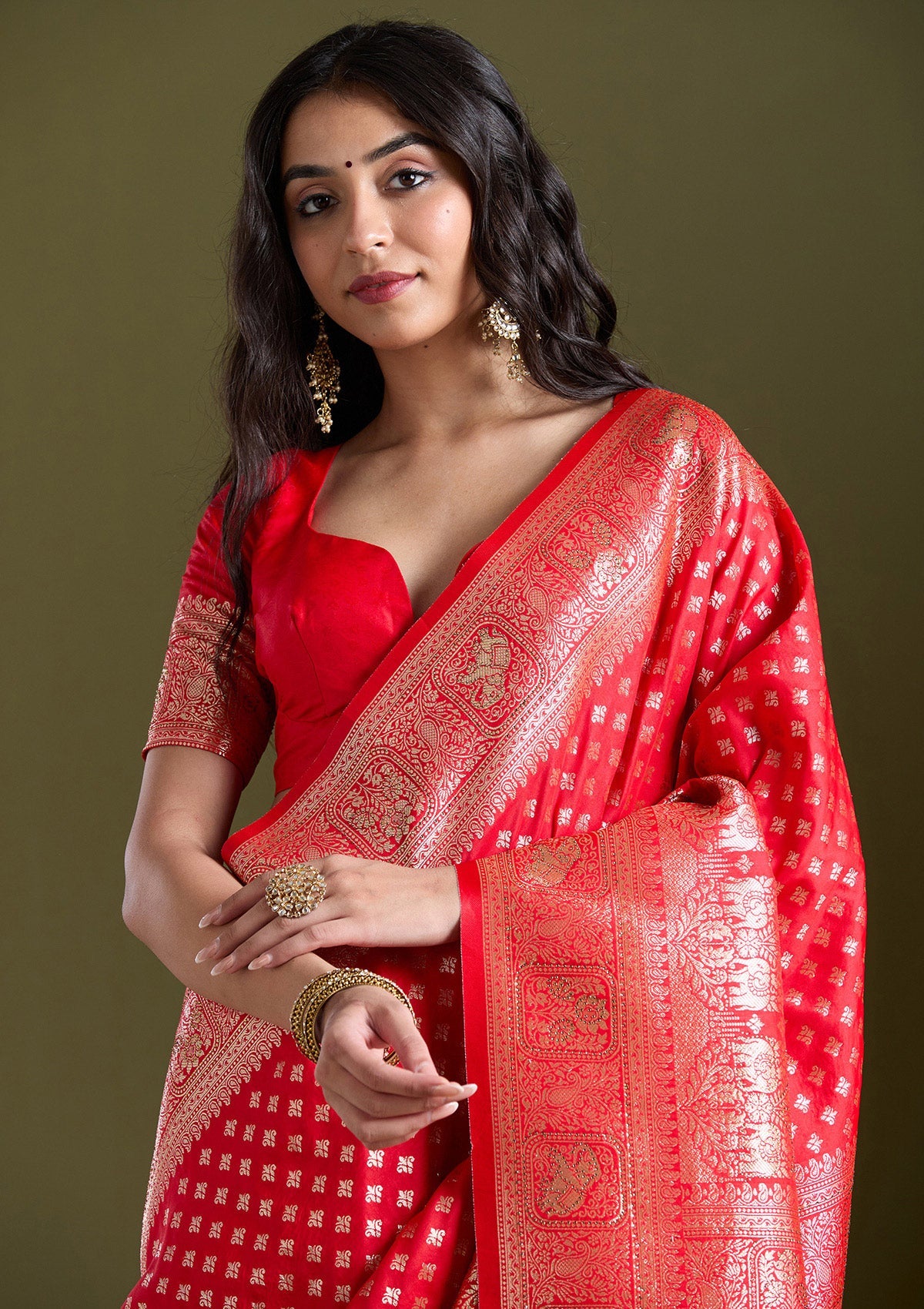 Women's Red Stonework Banarasi Silk Saree
