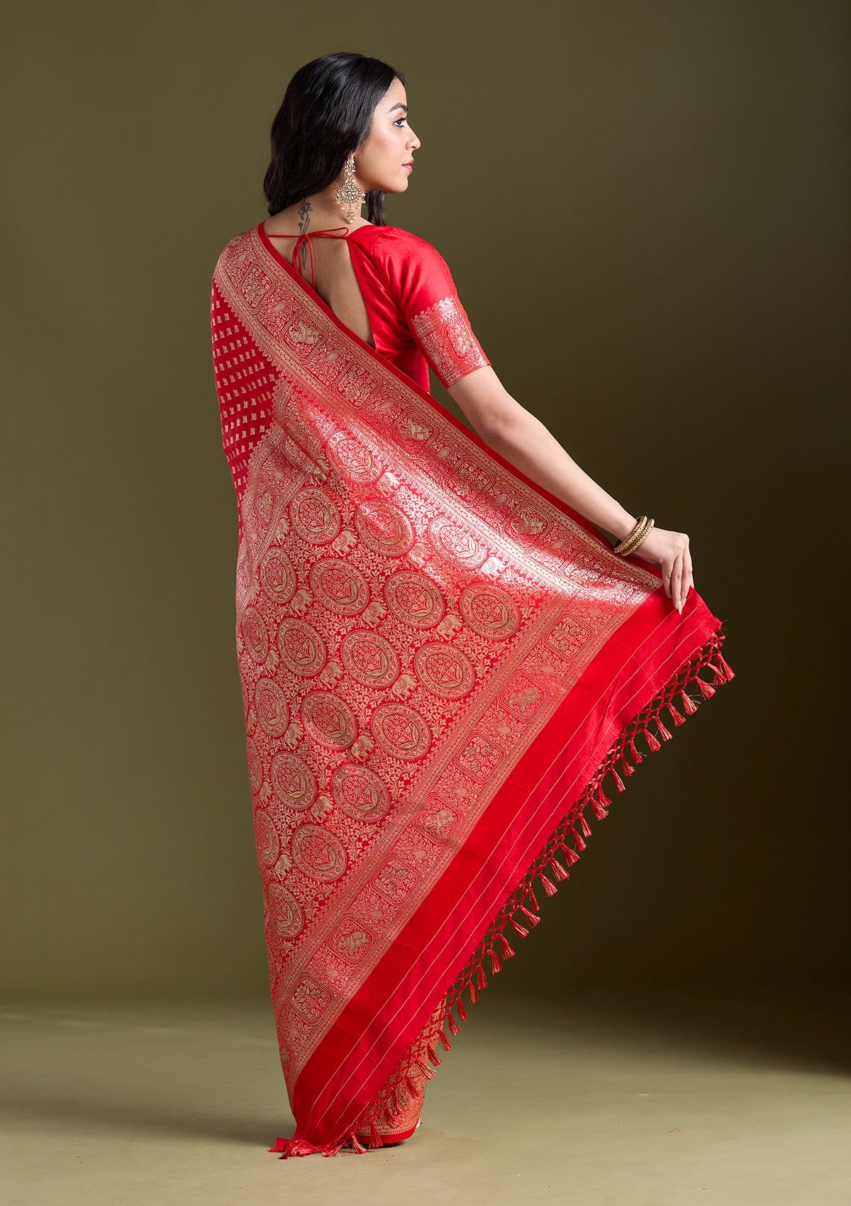 Women's Red Stonework Banarasi Silk Saree