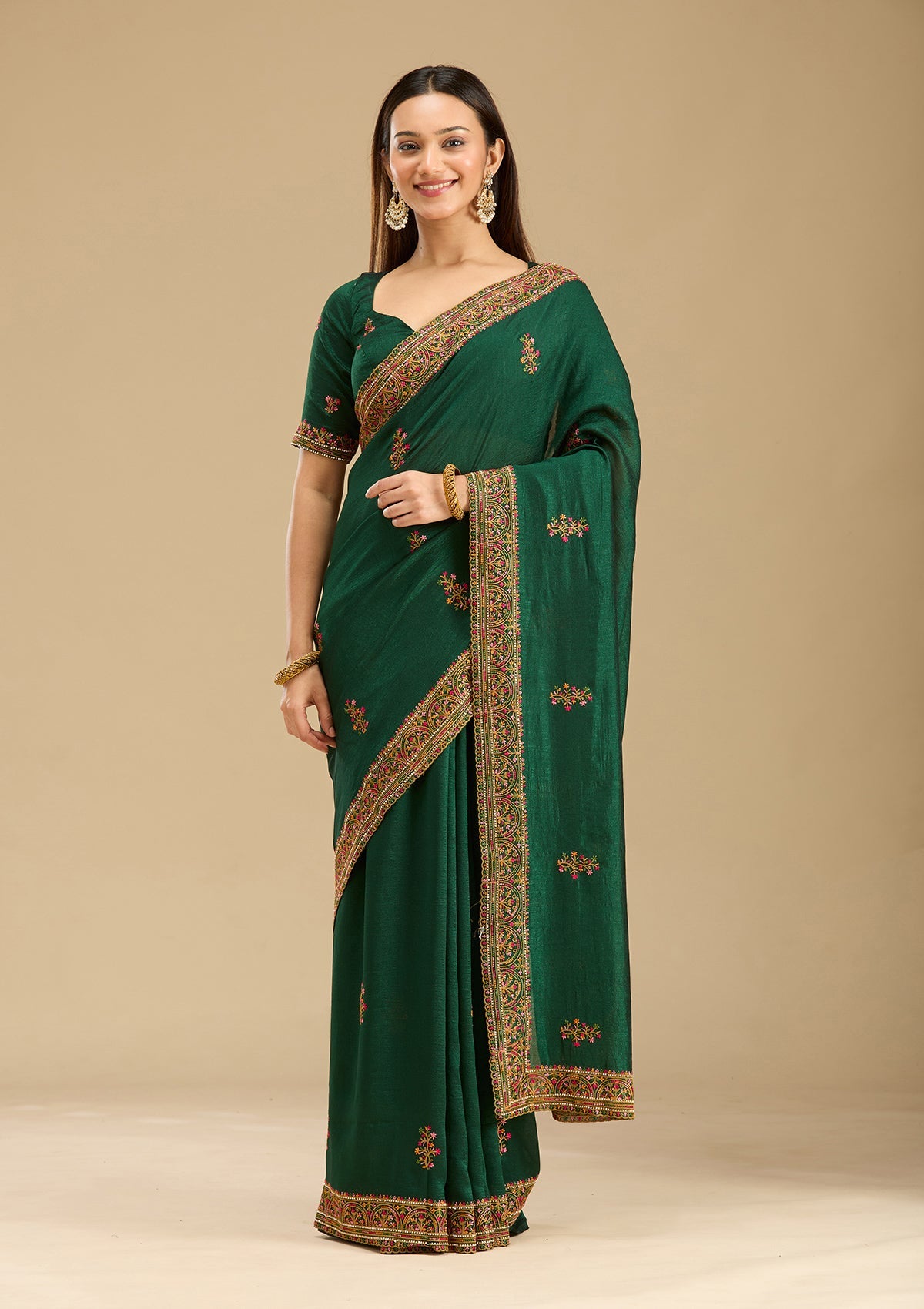 Women's Bottle Green Kashmiri Soft Raw Silk Saree