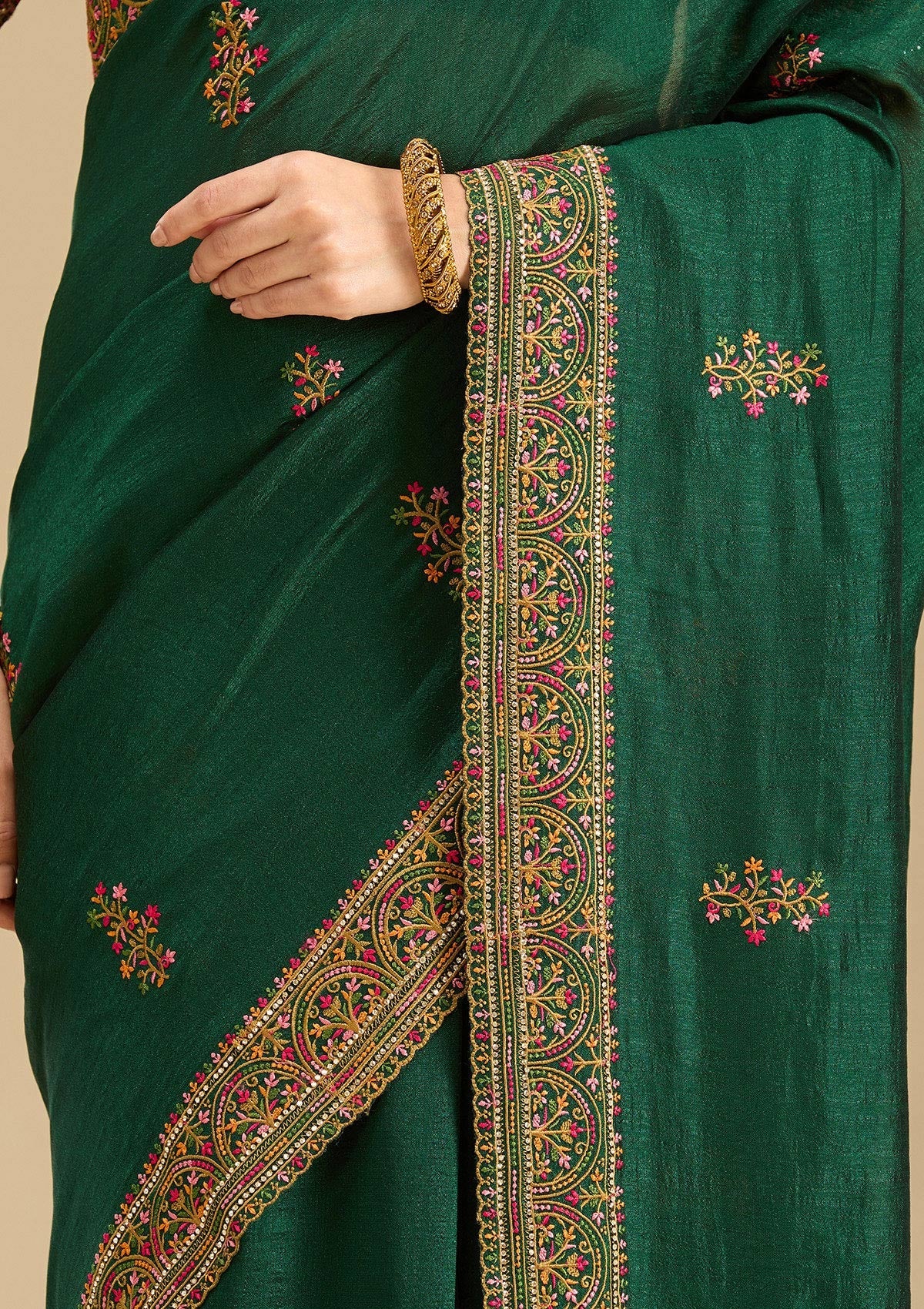 Women's Bottle Green Kashmiri Soft Raw Silk Saree