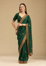 Women's Bottle Green Kashmiri Soft Raw Silk Saree