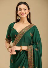 Women's Bottle Green Kashmiri Soft Raw Silk Saree