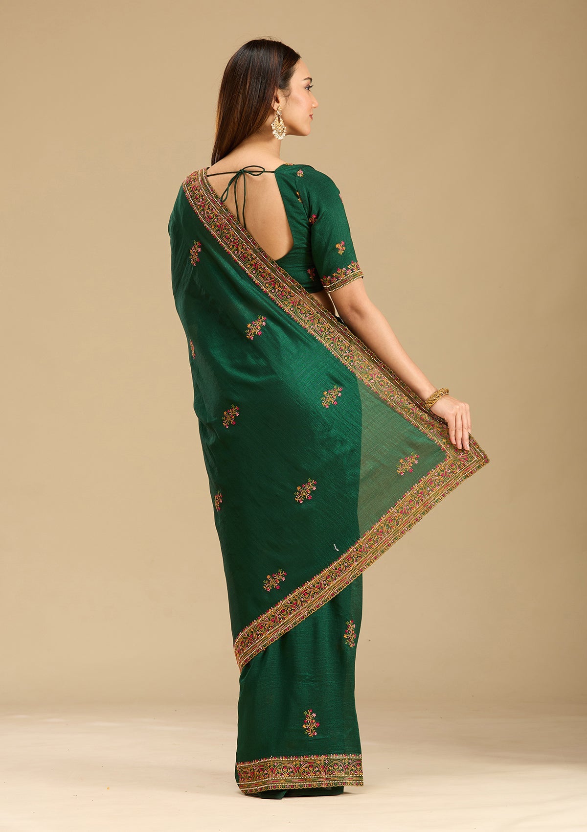 Women's Bottle Green Kashmiri Soft Raw Silk Saree