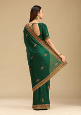 Women's Bottle Green Kashmiri Soft Raw Silk Saree