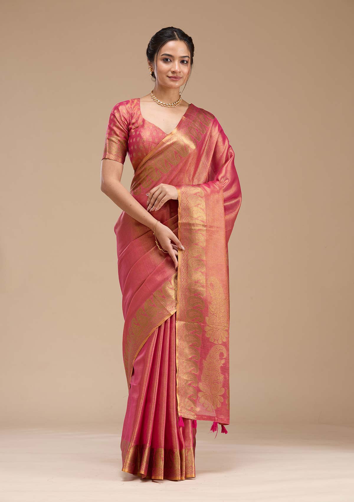 Women's Rani Pink Printed Art Silk Saree