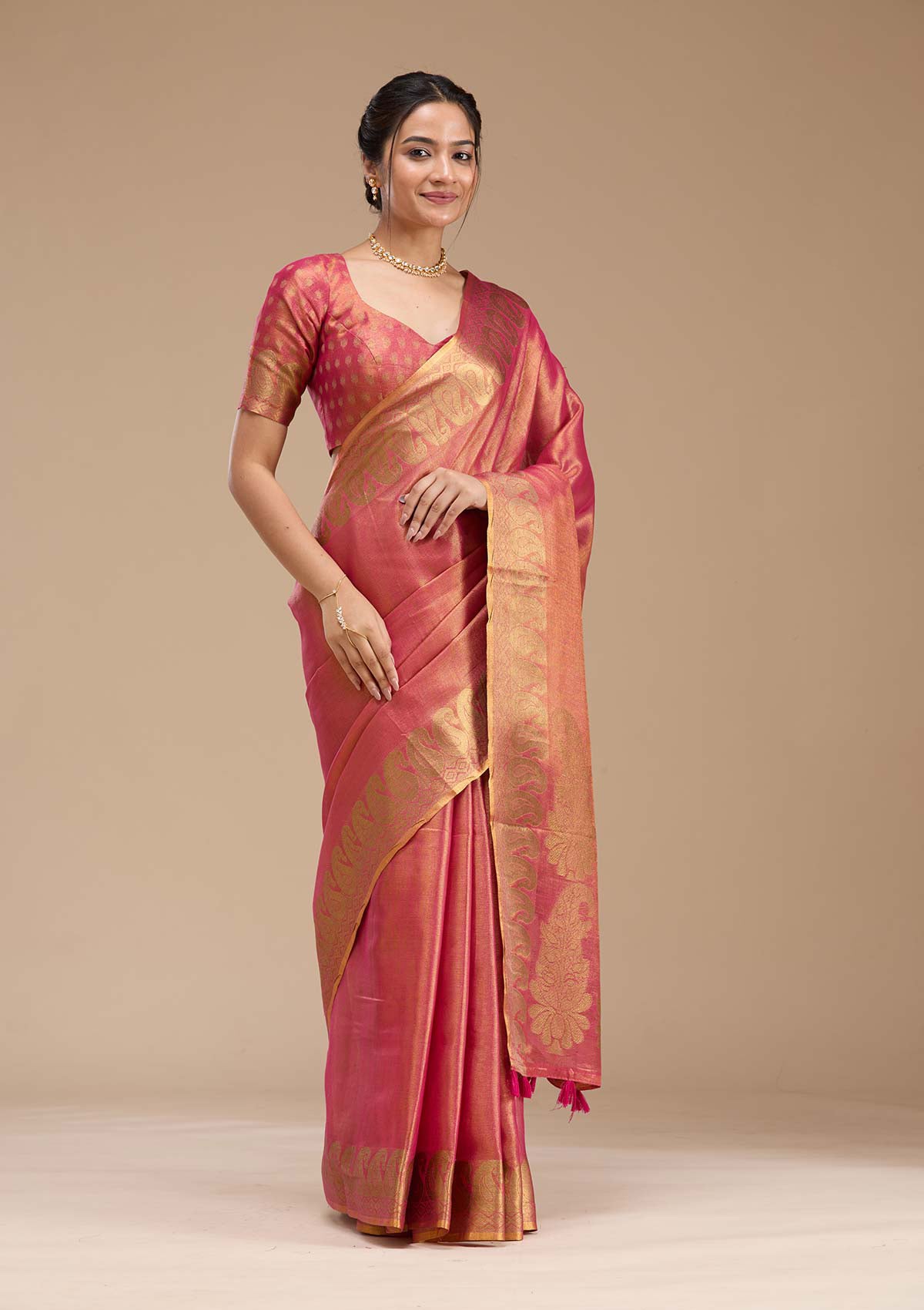 Women's Rani Pink Printed Art Silk Saree