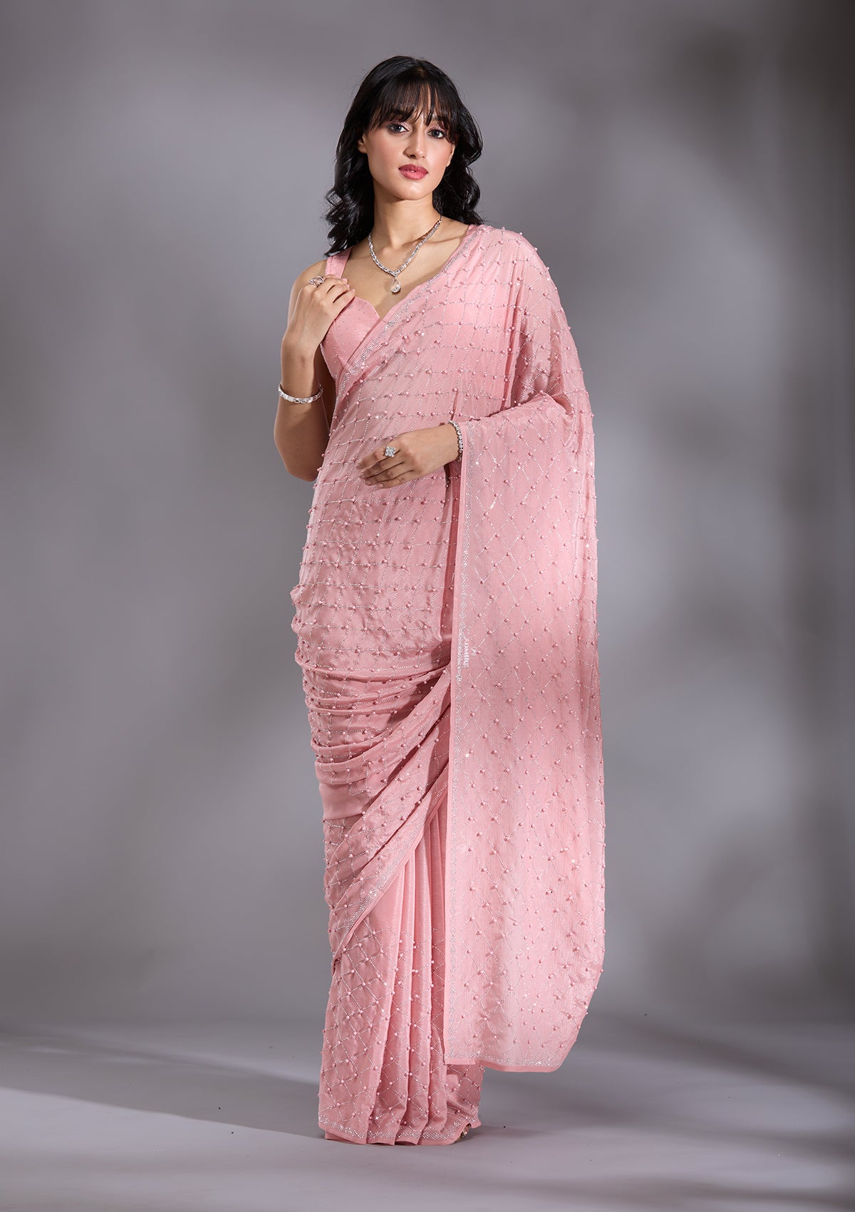 Women's Peach Pearlwork Chiffon Saree