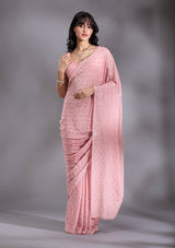 Women's Peach Pearlwork Chiffon Saree