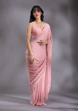 Women's Peach Pearlwork Chiffon Saree