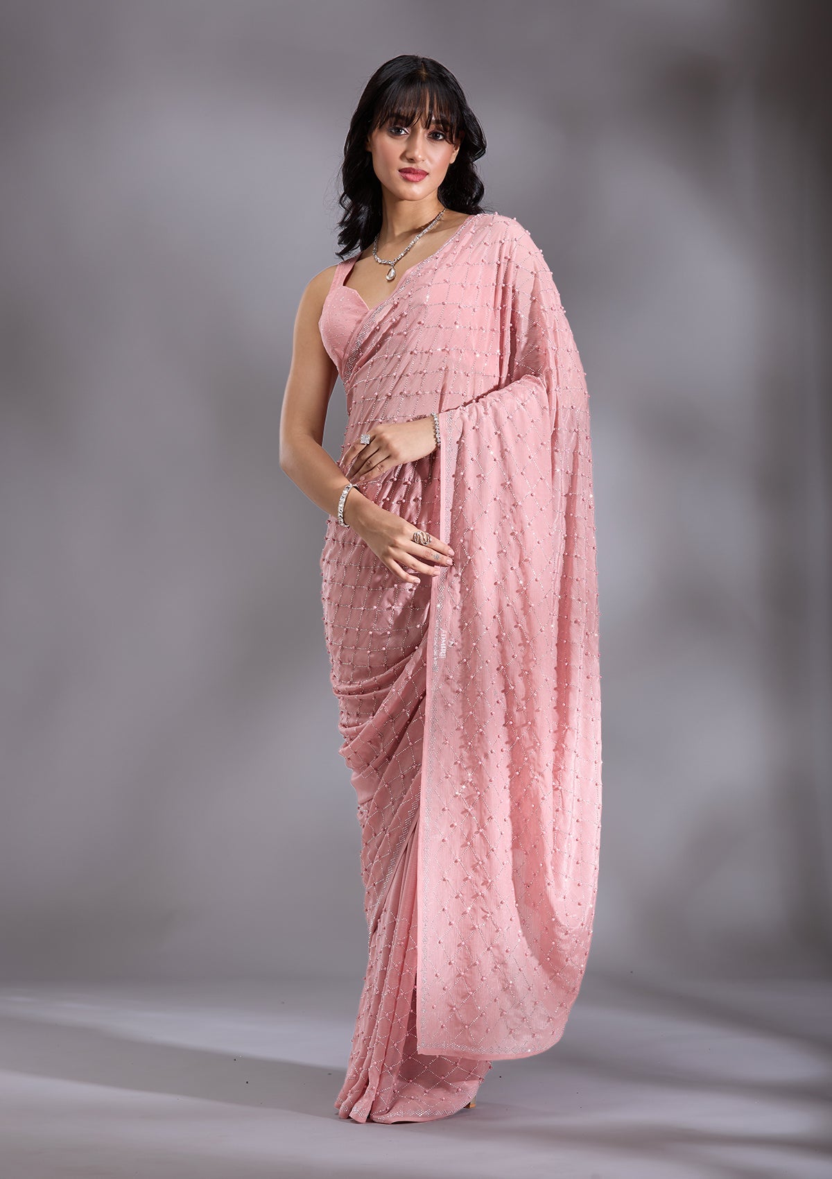 Women's Peach Pearlwork Chiffon Saree