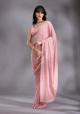 Women's Peach Pearlwork Chiffon Saree