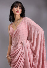 Women's Peach Pearlwork Chiffon Saree
