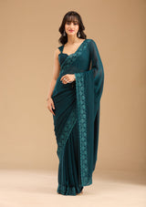 Women's Blue Threadwork Chiffon Saree