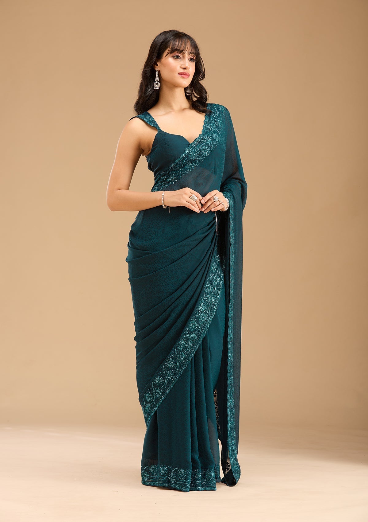 Women's Blue Threadwork Chiffon Saree