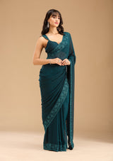 Women's Blue Threadwork Chiffon Saree